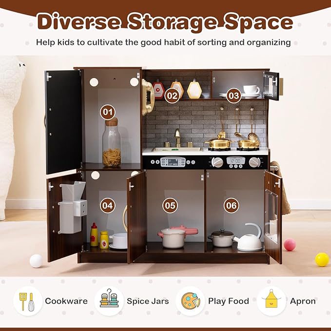 HONEY JOY Kids Kitchen Playset, Wooden Little Chef Pretend Toy Kitchen Set w/Chalkboard, Telephone, Utensils, Oven, Microwave, Sink, Storage, Play Kitchen for Toddlers Boys Girls, Espresso