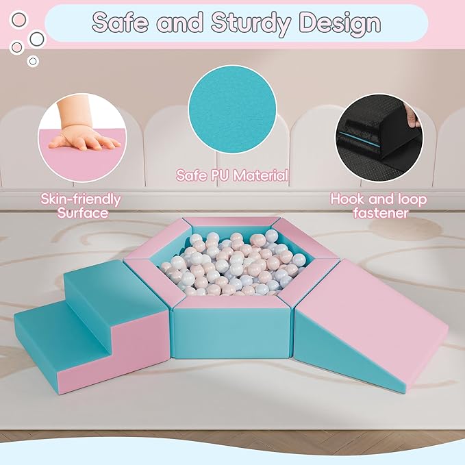 Foam Climbing Blocks for Girls Toddlers,Pink Soft Play Set Ball Pit,Climb & Crawl Foam Playset for Kids, Toddler Climber Indoor with Pad,Easy to Clean