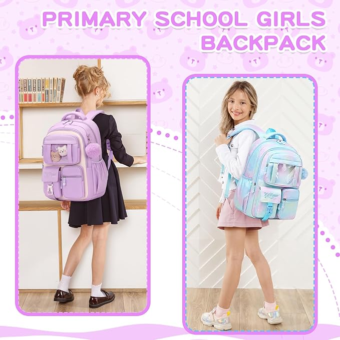 Kids Backpack for Girls School Bags for Middle School Students Book Bag for Elementary Primary Kawaii Ita Backpack, Purple and Beige