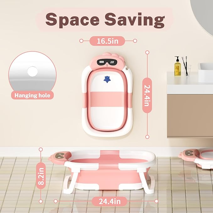 AVIDOR Baby Bathtub,Collapsible Bathtub for Newborn to Toddler,Durable Essential Infant Bath Tub,Portable Travel Baby Tub with Soft Bath Net,No-Slip Feet and Dinosaur Shaped (Pink)