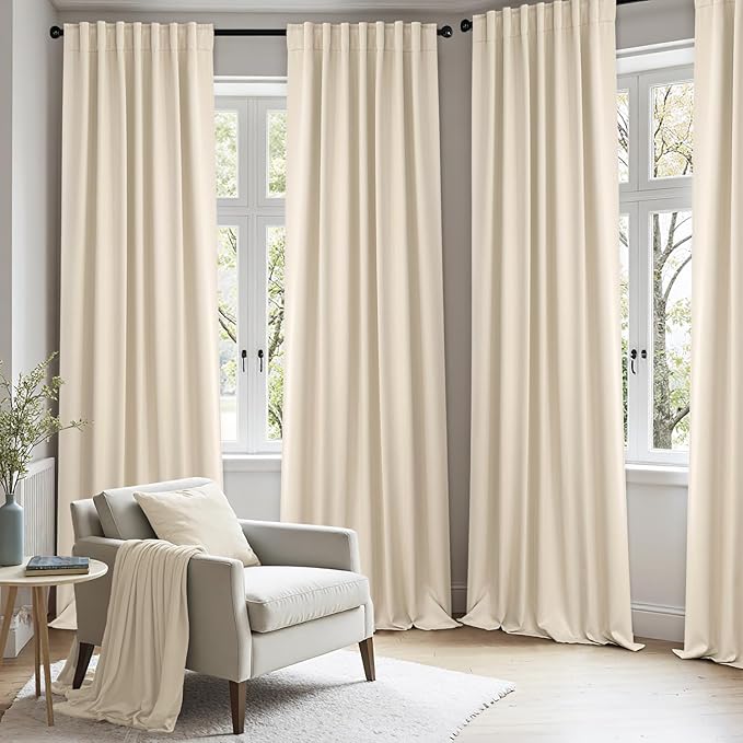 ANRODUO Back Tab Blackout Curtains for Bedroom Living Room, Rod Pocket Pinch Pleated Thermal Insulated Room Darkening Curtains 90 Inches Long 2 Panels, Cream Beige, 52 x 90 Inch