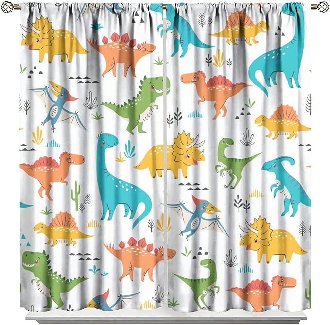 Kids Dinosaur Curtains for Boy Girl Bedroom Decor Cartoon Dino Colorful Cute Funny Animal Wildlife Printed Blackout Rod Pocket Window Drapes for Baby Nursery Playroom Living Room W26xL84in 2 Panels