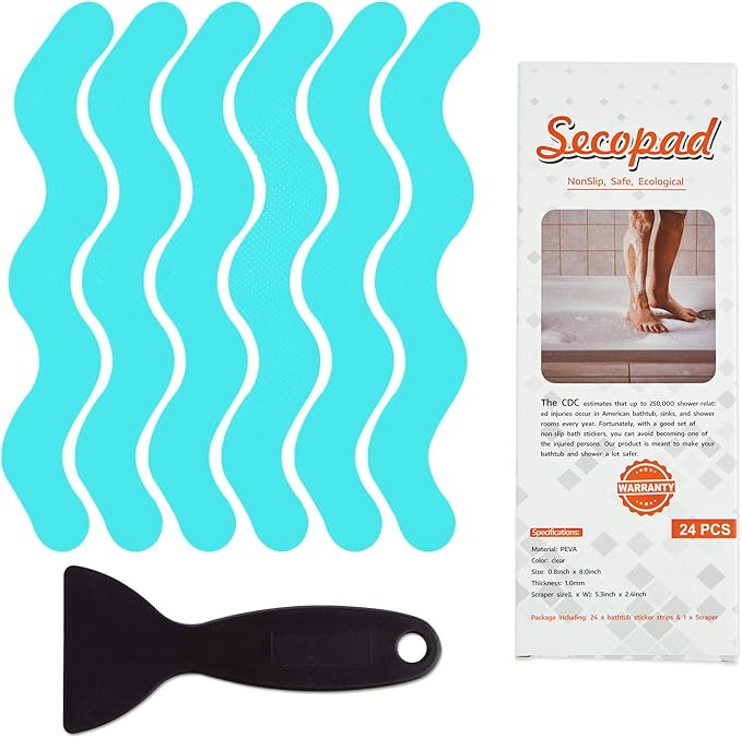 Patented Anti Slip Shower Stickers 24 PCS Safety Bathtub Strips Adhesive Decals with Premium Scraper for Bath Tub Shower Stairs Ladders Boats (Blue)