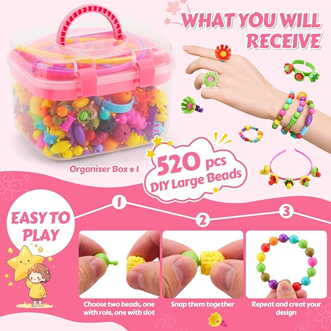 Arthopt Pop Beads, Jewelry Making Kit for 3 4 5 6 7 8 Years Old Girls, Arts and Crafts for Kids,Large Snap Beads DIY Necklace Bracelets Ring Set, Birthday Party Holiday Gift