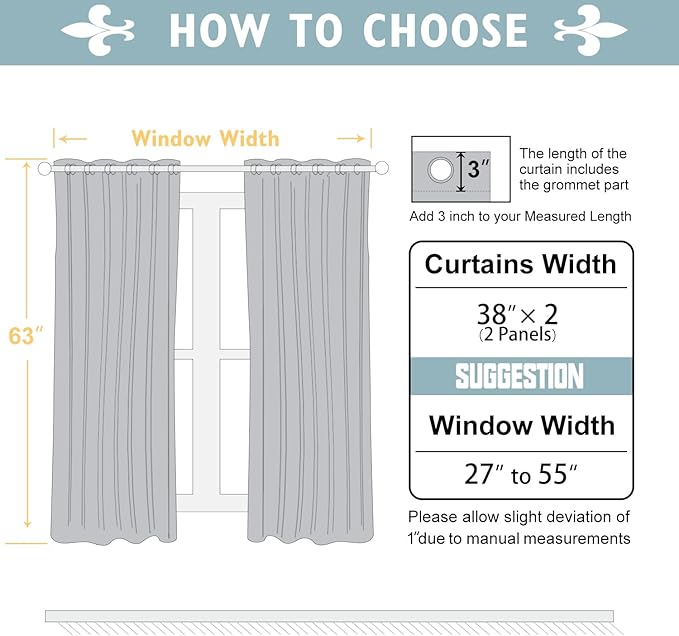 ChrisDowa 100% Blackout Curtains 63 inch Long for Bedroom with Black Liner, 2 Thick Layers Total Blackout Thermal Insulated Grommet Window Curtains 2 Panels Set (Greyish White, 38 x 63 Inch)