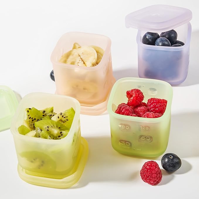 Olababy Clear Sense Silicone Storage Containers 4pk for Baby Food, Snacks, Formula, Puree, Sauce & More | Micro Plastic & BPA-Free | Daycare Essentials for Toddlers and Kids (Coral, 4 oz / 120 ml)