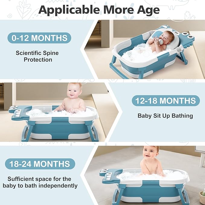 Collapsible Baby Bathtub for Newborn, Foldable Baby Bath Tub with Thermometer & Soft Floating Cushion & Drain Hole, Portable Travel Infant Bath Tubs for Newborns to Toddler 0-36 Months Girl, Blue