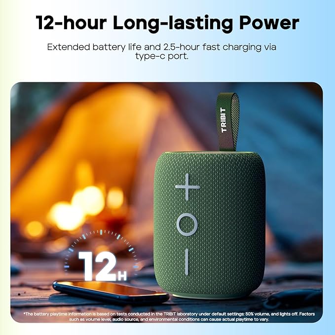 Tribit StormBox Mini+ Portable Bluetooth Speaker, 12W Wireless Speaker with 360°Surround Sound, 12H Playtime, Custom EQ, BT5.4, IPX7 Waterproof, RGB Lights, Type-C, TWS, AAC/SBC, Home/Outdoor/Travel