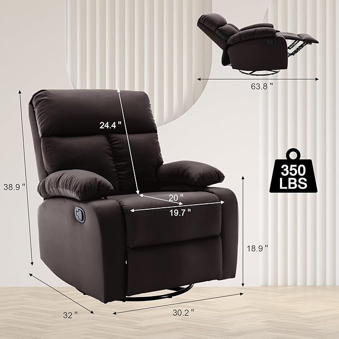 Swivel Rocker Recliner, Rocking Recliners Chair for Small Spaces, Small Rocker Recliner Chair, Nursery Rocking Chairs for Living Room, RV, Nursery, Brown