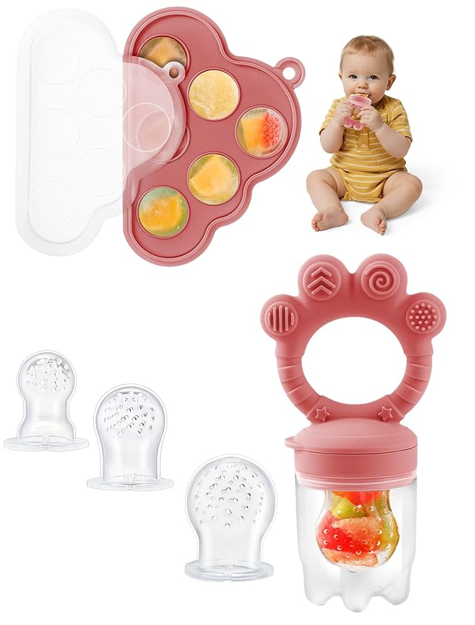 Breastmilk Popsicle Molds & Baby Fruit Food Feeder Pacifier, Silicone Baby Food Storage Containers, Baby Popsicle Molds Teething for Toddler Teething & Infant Self Feeding (Pink)