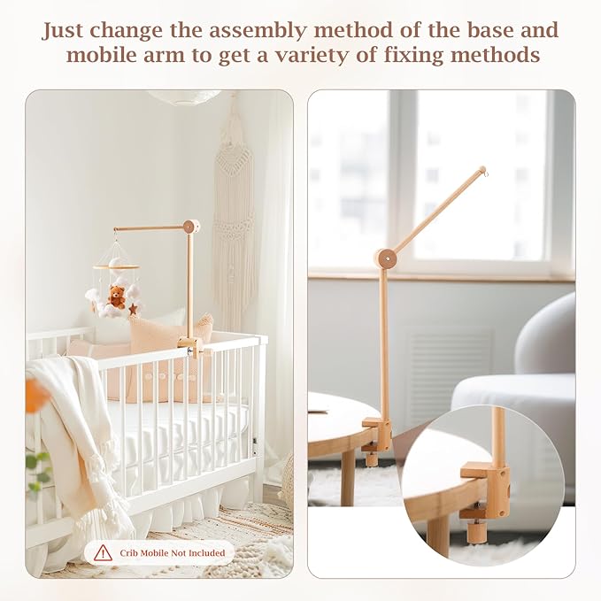 Baby Crib Mobile Arm - Wooden Mobile Arm with Height Adjustable＆360° Rotatable Upgraded Arched Base Nursery Mobile Holder for Crib Mobile Hanger Baby Crib Attachment Nursery Decor