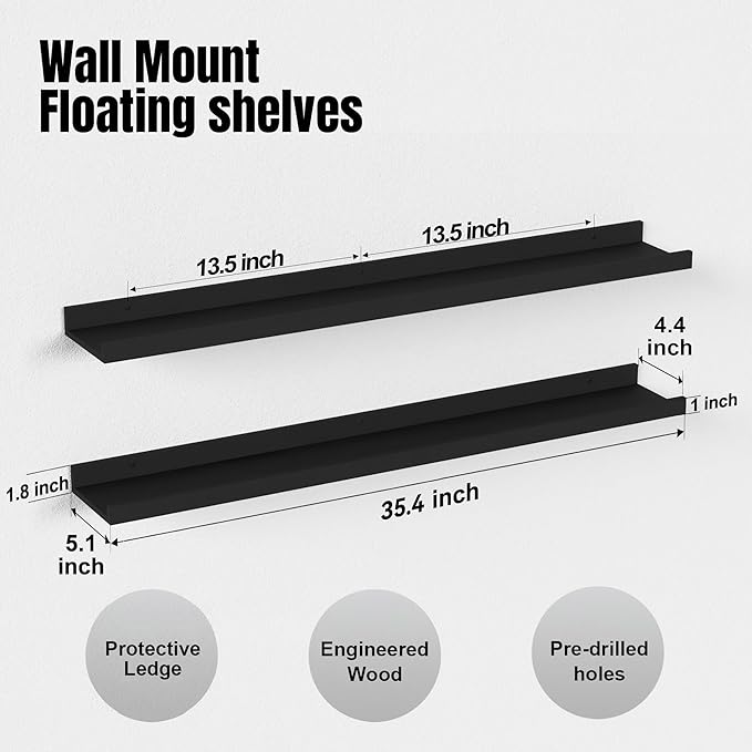 35.4 Inches Long Floating Shelves Wall Mounted, 2 Set Modern Black Wall Shelf for Bedroom, Nursery Book Shelf with Lip, Picture Ledge Shelf for Wall Decor Living Room Bathroom Kitchen- Black