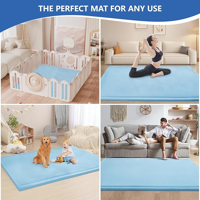Baby Play Mat for Floor,1.3" Thick Memory foam Tummy Time Mat,Water Repellent Soft Velvet Nursery Rug,Extra Large Non Slip for Crawling,Toddlers,Infants,kids,Tatami Style for Living Room(Light Blue)