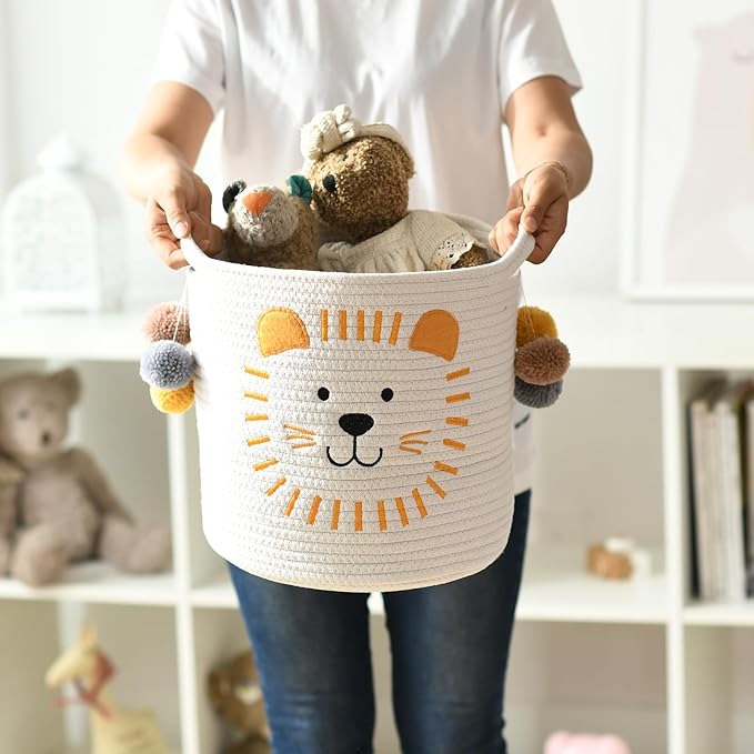 INough Toy Storage Baskets Cute Laundry Basket with Handles Dog Toy Storage Basket Durable Large Cotton Rope Storage Bins Home Organizer Solution for Office, Bedroom, Closet, Toys & Laundry (Lion)