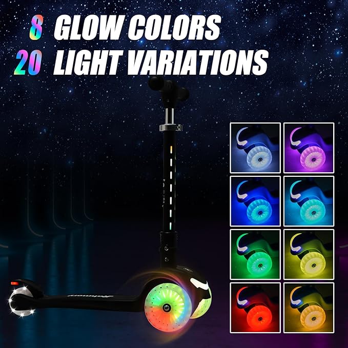 3-Wheel Light-Up Kids Scooter, 20 Different Light Patterns,Three Adjustable Heights,Lean to Steer, Balance Scooter for Ages 3-8