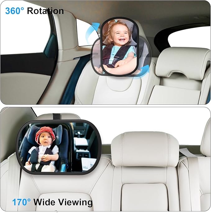 Baby Car Mirror, Safety Car Seat Mirror for Rear Facing Infant, Clear Wide View, 360°Rotation, Easily Observe the Baby Move, Secure, Shatterproof, Crash Tested and Certified (2-Pack)
