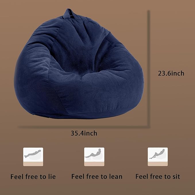 3FT Memory Foam Bean Bag Chairs for Teens or Kids with Filling Bean Bag Sofa with Handle Super Soft Washable Corduroy Fabric Lazy Sofa 3 Foot Black