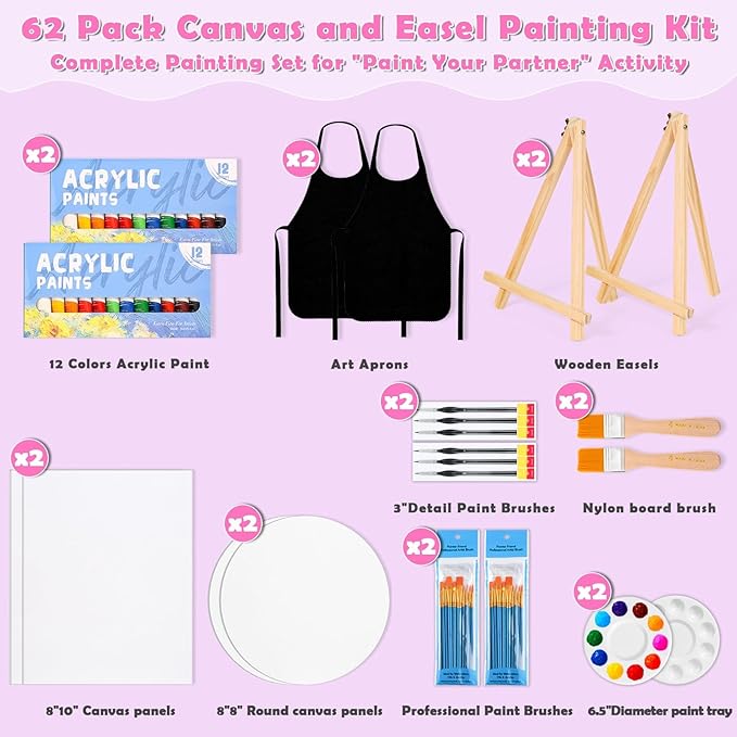 Date Night Painting Kit, 62 Pcs Detail Paint Brushes Canvas Panels with Wood Easel 12 Colors Acrylic Paint, Circular Canvas Art Aprons Sip and Paint Supplies for Adults, Kids, and Beginner
