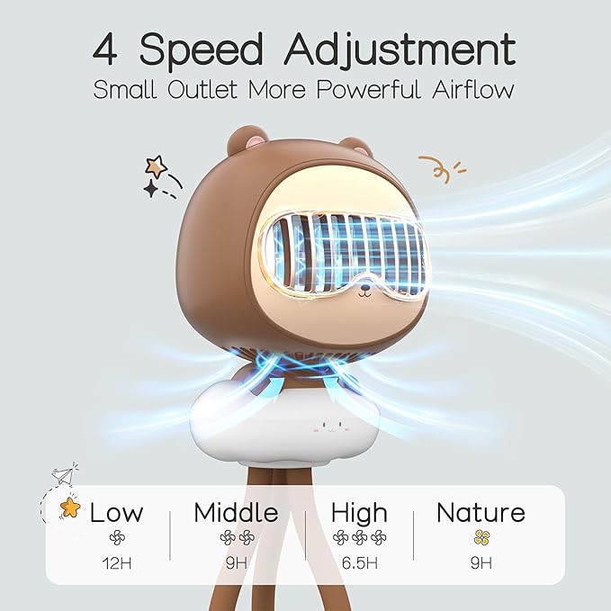 Cute Bear Stroller Fan Clip On for Baby, Portable Bladeless Fans 4 Speeds Oscillating, 4000mAh Rechargeable Battery Powered, Flexible Tripod Strong Cooling for Bedside Crib Car Seat