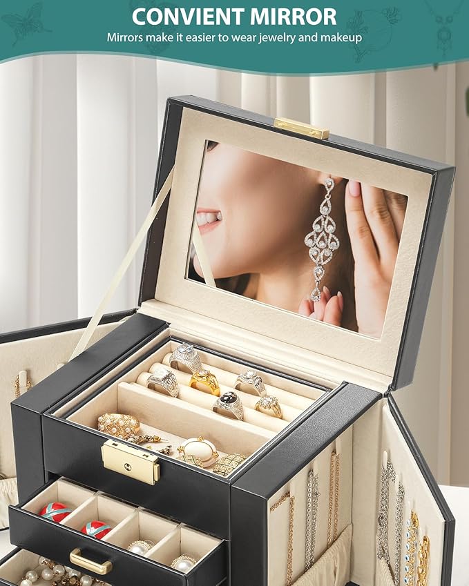 AKOZLIN 4-Tier Jewelry Box Leather Jewelry Storage Organizer with 3 Drawers Lockable for Women Girls Ring Necklace Earring Bracelet Holder with Mirror Black