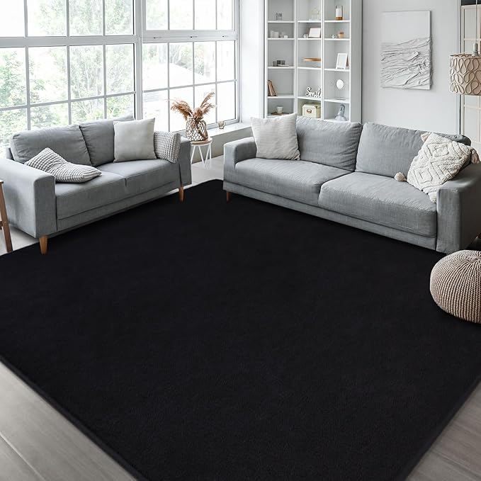 Kimicole 7x10 Washable Area Rugs for Living Room Bedroom, Large Low Pile Ulta-Thin Solid Color Rug, Non-Slip Soft Fluffy Carpet for Nursery Kids Room Dorm Room Home Decor (Black)