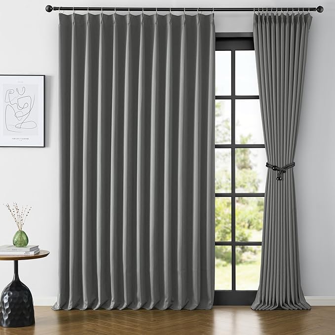 KEQIAOSUOCAI Pinch Pleated Wide Drapes 108 Inches Long,80 Inch Wide Each Panel Sliding Door Curtains with Hooks, Thermal Insulated Room Divider Large Draperies 2 Panels Grey W80 x L108