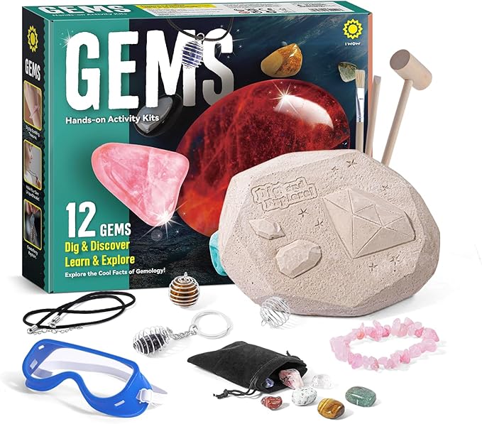 12PCS Gemstone Dig Kit for Kids – Dig Up Gems & Make Necklaces, Bracelets, Keychains – STEM Crystal Jewelry Craft Kit with Safety Goggles – Gift for Girls & Boys Ages 6 7 8 9 10 11 12