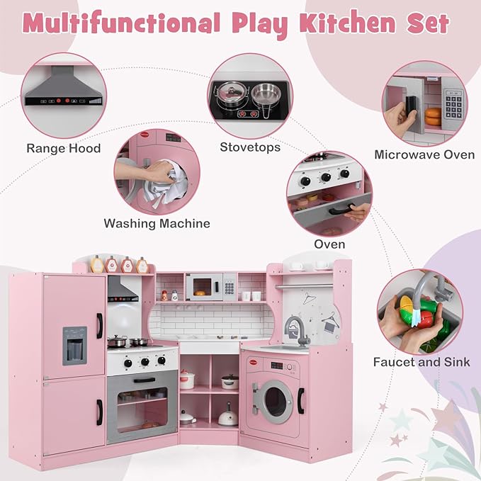 Costzon Corner Kids Kitchen Playset, Wooden Play Kitchen with Sounds & Lights, Washing Machine, Range Hood, Ice Maker, Microwave, Oven, Sink, Pretend Toy Kitchen Set for Toddler, Gift for Boys Girls