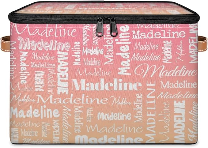 Custom Storage Basket with Name, Personalized Storage Bins with Zipper Lid, Foldable Fabric Storage Box Large capacity with Handle Pink Apricot