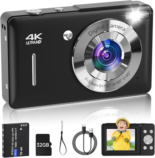 Digital Camera for Kids, FHD 1080P 44MP Point and Shoot Digital Camera with Face Detect, Smile Capture, 18X Zoom, 20 Filters, Anti Shake, 32GB SD Card Blcak Compact Vintage Camera for Kids Boys Girls