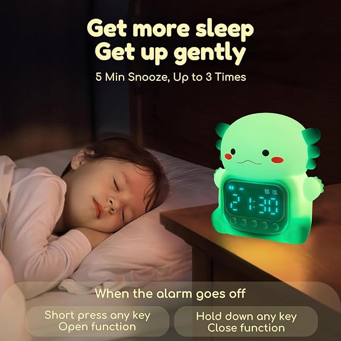 Axolotl Alarm Clock with Night Light for Kids, 7 RGB Color Cute Alarm Clocks for Bedrooms Ok to Wake Clocks, Silicone Animal Tabletop Lamp for Teen Girls Boys, Green