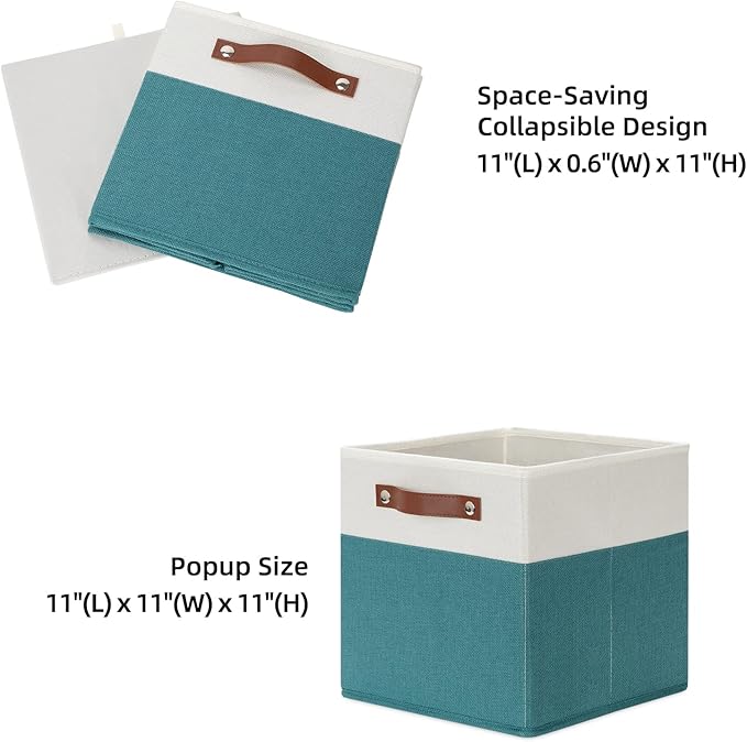 HNZIGE Fabric Storage Cube Bins Baskets for Organizing, 11 inch Cube Storage Bins, Set of 4, Collapsible Storage Bin with Handles, Closet Organizers and Storage Home Toy Nursery Bedroom(White Teal)