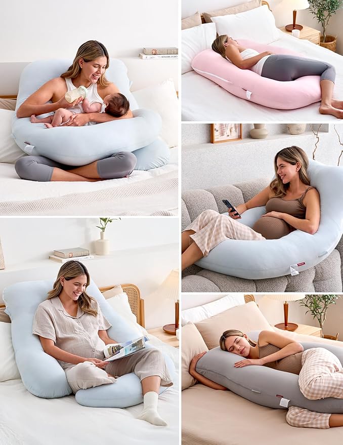 Momcozy Pregnancy Pillows for Sleeping, U Shaped Full Body Pillow 57 Inch for Pregnant Women with Back, Hip, Leg, Belly Support, Washable Jersey Cotton Cover Included, Light Blue