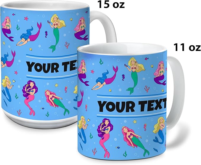 Personalized Mug for Kids - Mermaids - Custom Name/Text, Ceramic Hot Chocolate/Cocoa/Coffee Cup for Girls, Birthday/Christmas/Holiday Gift - 11 oz, Black Handle