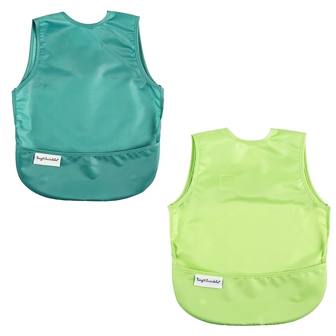 Tiny Twinkle Mess Proof Apron Bibs - 2 Pack Waterproof & Lightweight Baby Bibs for Led Weaning | 100% Recycled Polyester, Easy Clean & Machine Washable (Rainforest, Small 6-24 Months)
