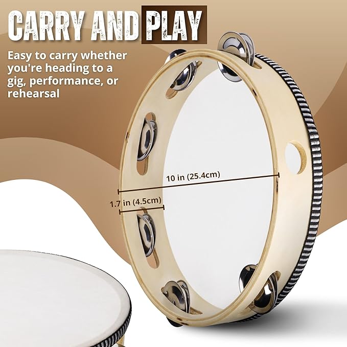 Flexzion Wooden Round Tambourine for Kids and Adults 10" Inch Single Row 8 Pair Jingles, Wood Handheld Percussion Instrument for Beginner and Professional Tambourine Player