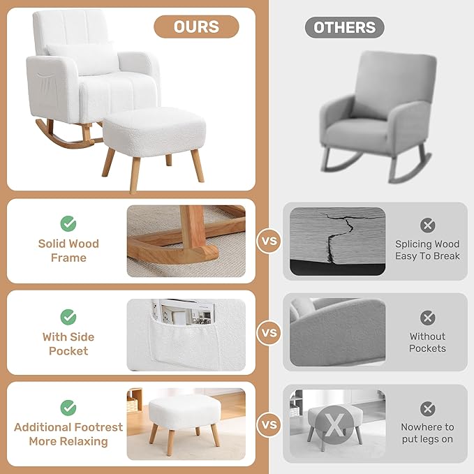 Rocking Chair with Ottoman, Upholstered Nursing Glider Rocker with High Backrest and Side Pocket, Comfy Reading Chair with Solid Wood Legs for Nursery/Living Room/Bedroom White