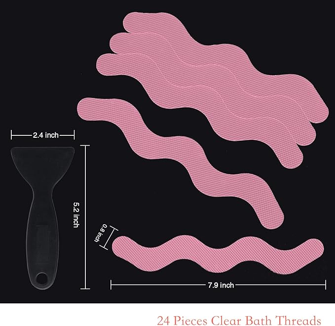Patented Anti Slip Shower Stickers 24 PCS Safety Bathtub Strips Adhesive Decals with Premium Scraper for Bath Tub Shower Stairs Ladders Boats (Pink)