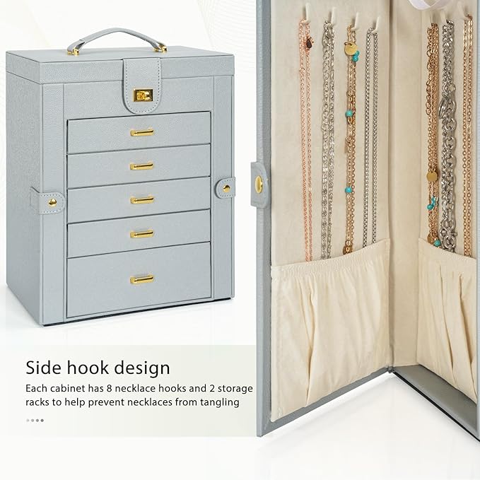 AKOZLIN Large Jewelry Box Organizer Functional Lockable with Big Mirror, Leather Jewelry Storage Case for Women Girls Ring Necklace Earring Bracelet Holder Organizer Grey