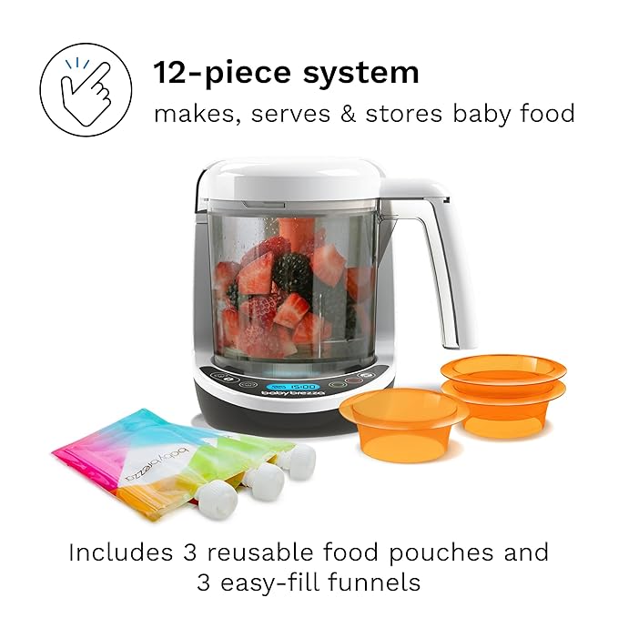 Baby Brezza One Step Baby Food Maker Deluxe – Auto shut Off, Dishwasher Safe Cooker and Blender to Steam + Puree Organic Food for Infants + Toddlers - Set of 3 Pouches + 3 Funnels