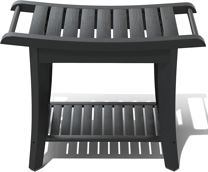 Zhuoyue Bamboo Shower Stool Bench Waterproof with Storage Shelf for Shaving Legs or Spa Bath Seat in Bathroom & Inside Shower for Adults Seniors Elderly (24 x 13.4 x 18.5 inches+Black)