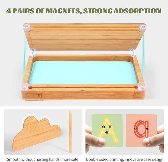 Montessori Sand Tray with Lid - Wooden Sand Trays for Kids Writing Letters and Numbers, Preschool Classroom Must Haves, Kindergarten Learning Tools (Blue)