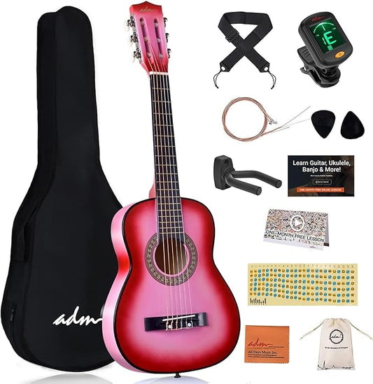 ADM Beginner Acoustic Classical Guitar 30 Inch Nylon Strings Wooden Guitar Bundle Kit for Kid Boy Girl Student Youth Guitarra Online Lessons with Gig Bag, Strap, Tuner, Extra Strings, Picks,Pink 1