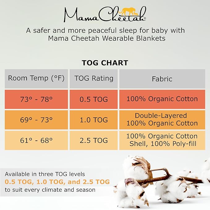 Mama Cheetah Baby Sleep Sack 0.5 TOG, Organic Cotton Baby Wearable Blanket with Two-Way Zipper, Swaddle Transition Baby Sleeping Bag for Newborn Infant Toddler Boy Girl, 24-48 Month