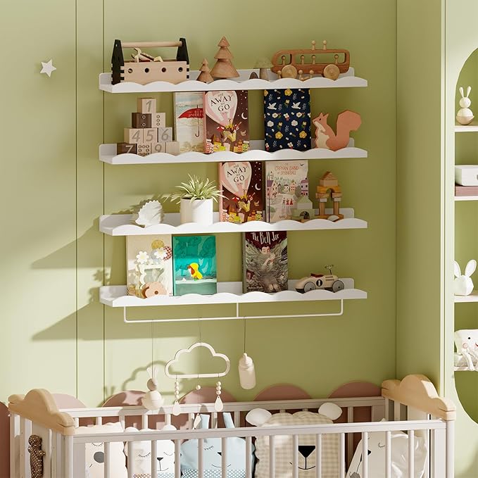 Fixwal Nursery Shelves, 24 Inch Floating Bookshelves for Wall Set of 4, Scalloped Wall Book Shelves with Towel Rack for Kids, Toddler Room, Baby Room, Nursery Decor and Storage(White)