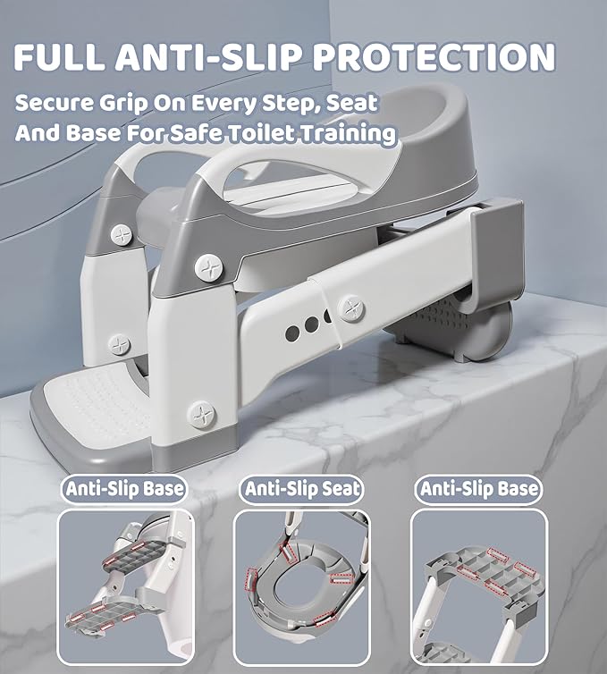 2-in-1 Toddler Potty Training Toilet Seat with Step Stool Ladder – Adjustable Height Potty Chair Urinal for Baby Boys Girls Age 1-3, Foldable Training Potty with Splash Guard & Anti-Slip Feet, Grey