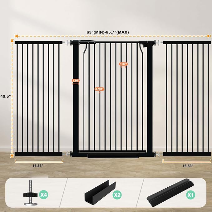 40.5" Extra Tall Baby Gate for Stairs, 63"-65.7" Extra Wide Long Dog Pet Gate, Auto Close Safety Child Gate Indoor, No Drill Adjustable No Climb Fence for Stairs Kid or Pet Black