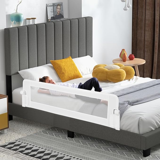 HONEY JOY Bed Rail for Toddlers, 60-Inch Extra Long, Foldable Portable Swing Down Safety Bed Guard Rail, Toddler Bed Rails for Crib, King Queen Full Twin Size Bed Mattress (White)