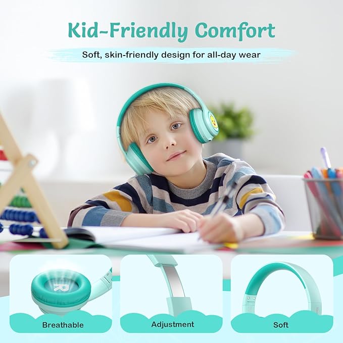 Active Noise Cancelling Kids Headphones, 60H Playtime, Wireless Bluetooth Over-Ear Headset, Built-in Microphone for Home/School/Travel/Party - Includes Portable Case