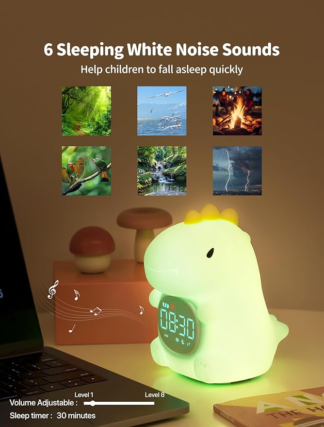 MASHI Kids Alarm Clock, Toddler Sleep Training Clock with Sun & Moon, Sleep Sound Machine, Night Lights, Ok to Wake Dinosaur Clock, Gift Ideas for Kids Child